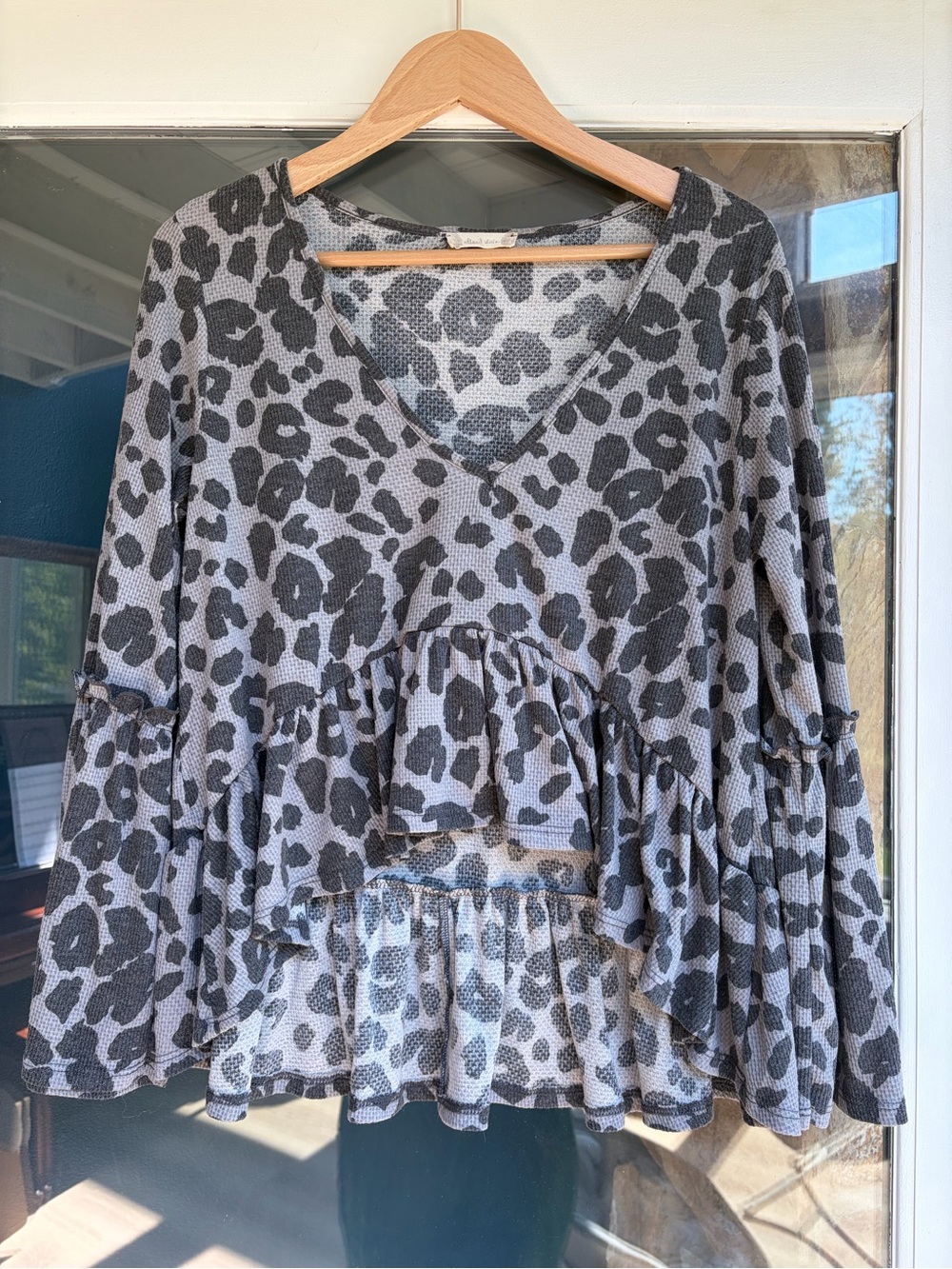 Altar’d State Leopard Ruffle Babydoll Top Gray Size M